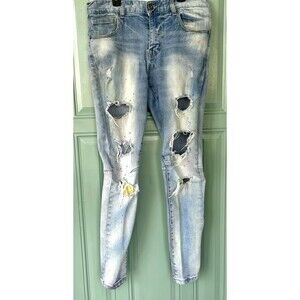 Kloud 9 Jeans Men 32X32 Blue Denim Straight Leg Destroyed Stretch Paint Splatter